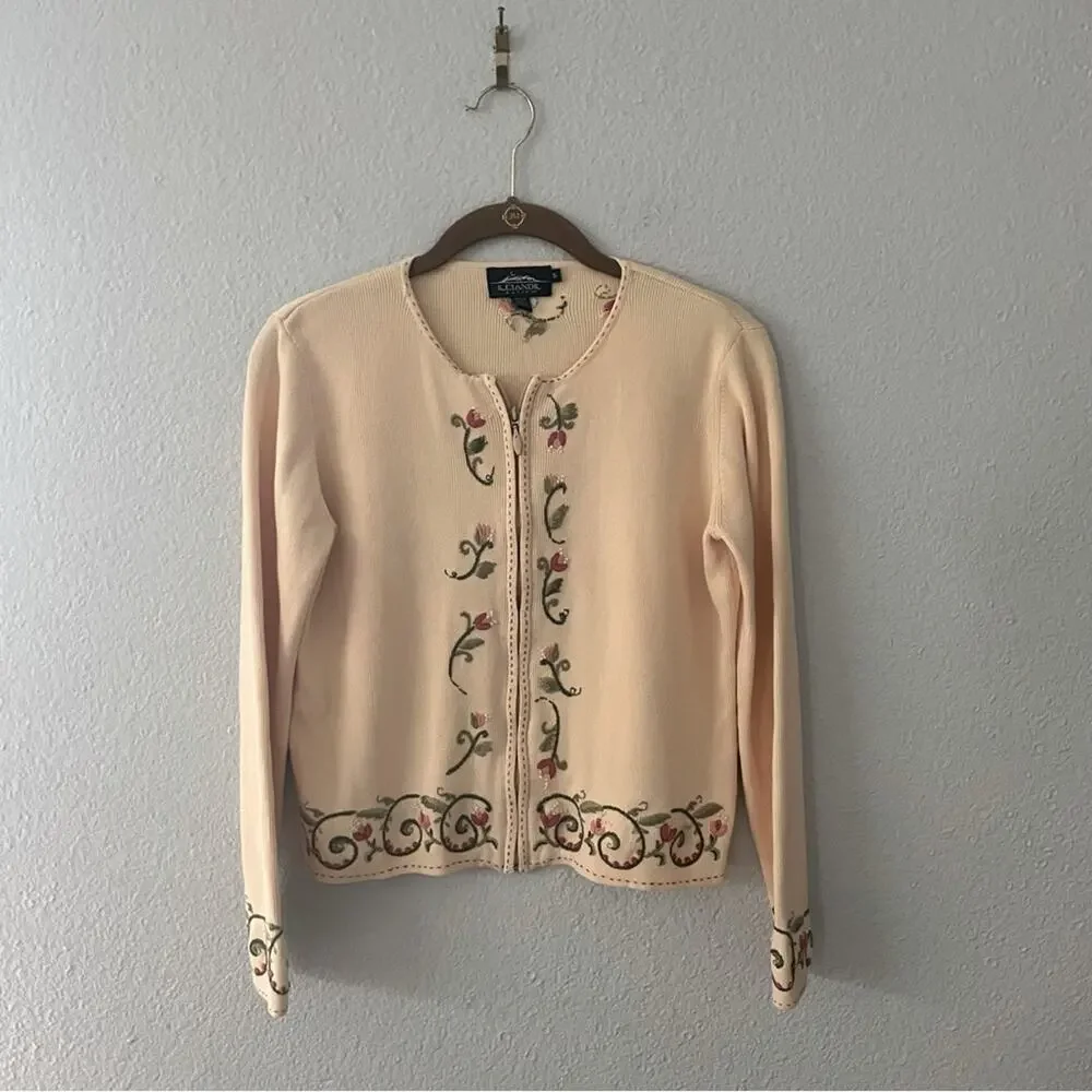 Vintage Yellow Sweater Jacket With Floral Embroidery Size small